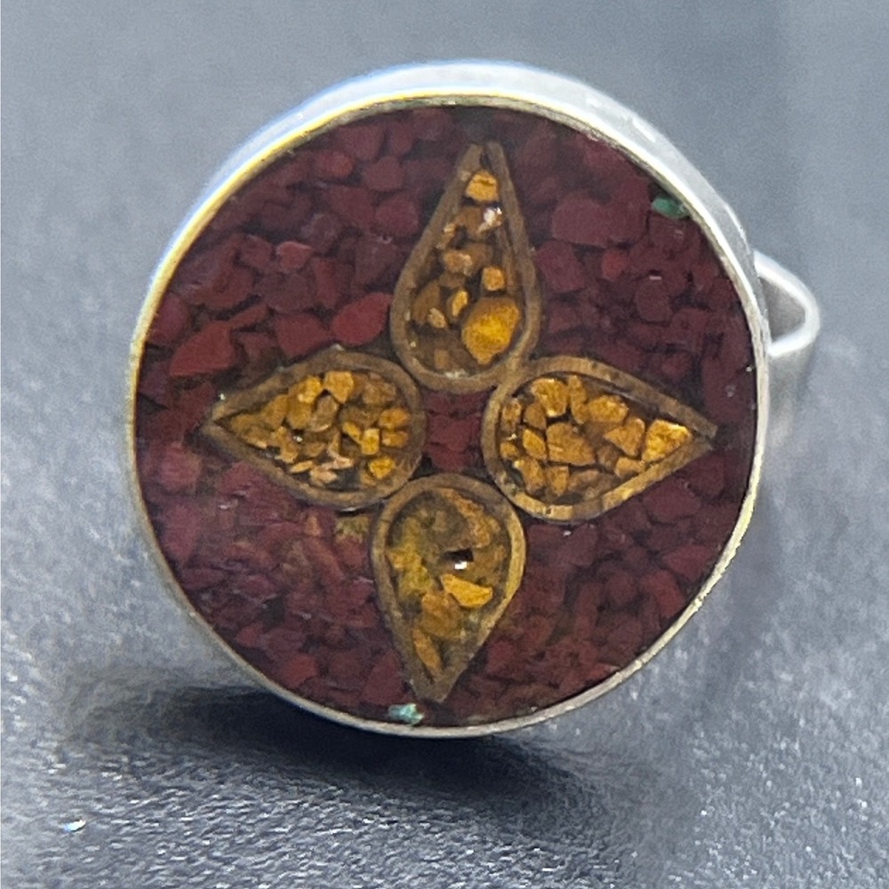 Taxco Mexico Vintage Designer Signed Round Inlay Shell Stone Sterling Ring 6.5